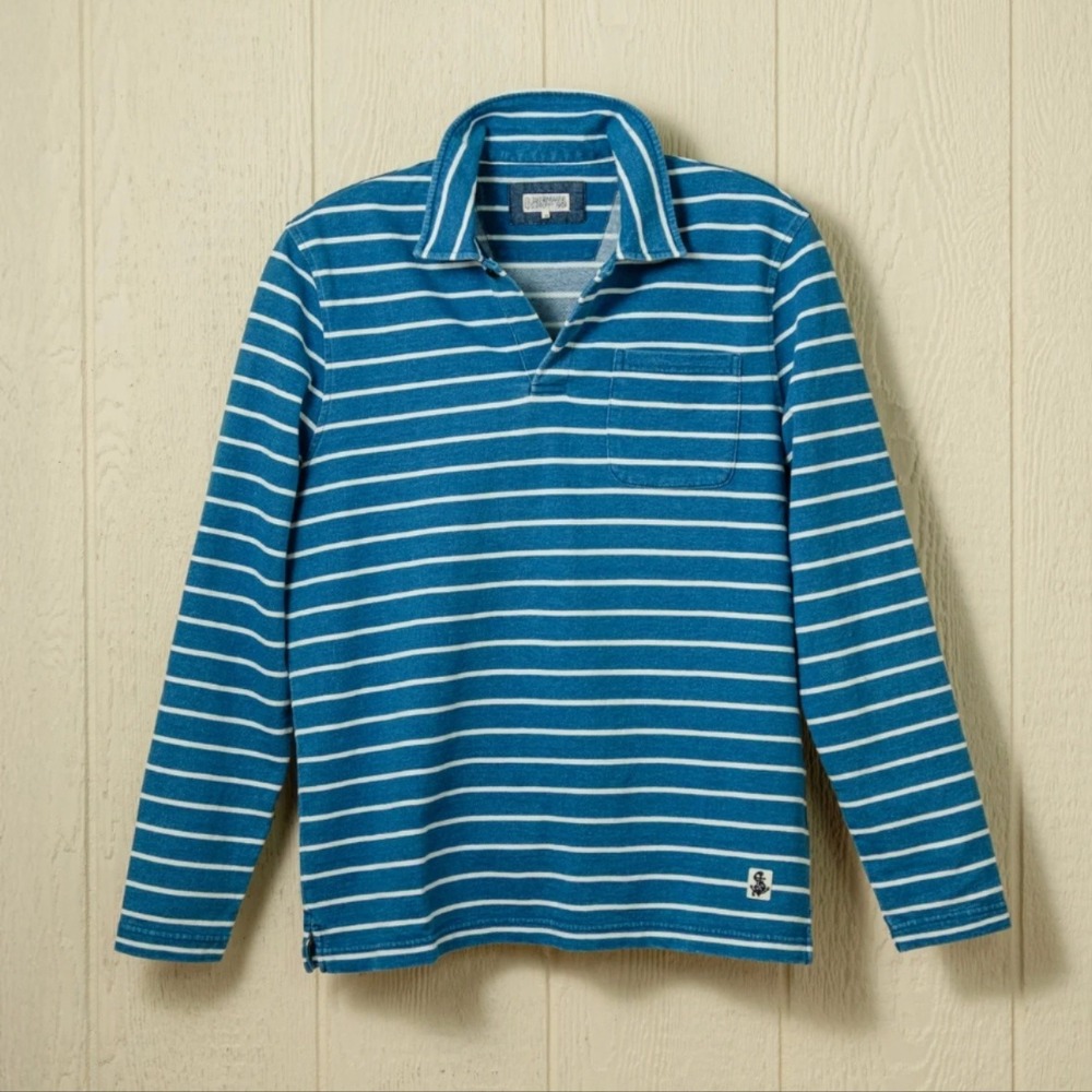 Quaker Marine Supply Polo Shirt Mens Small Blue Stripe Heavyweight Long Sleeve - Picture 2 of 10